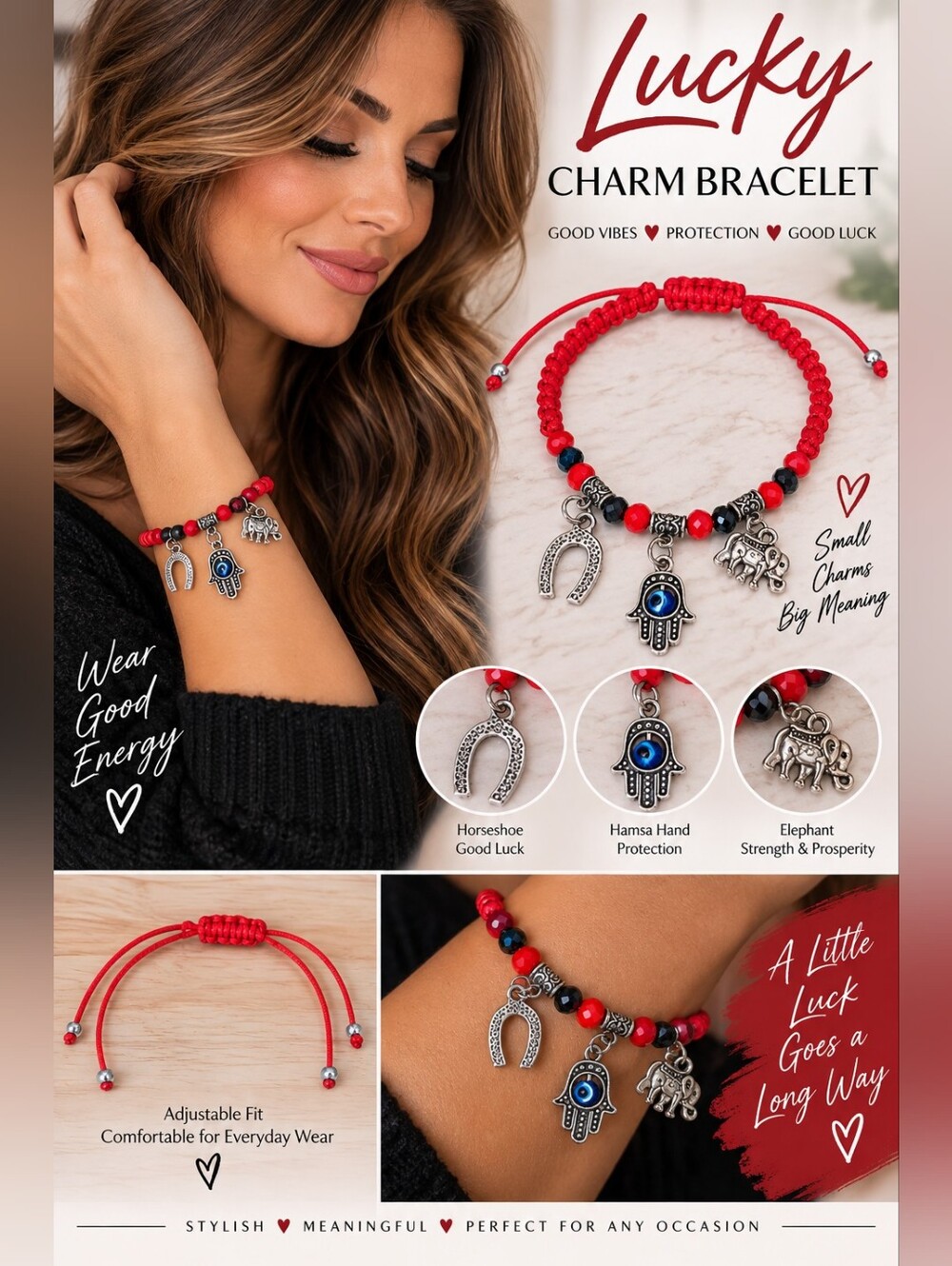 Lucky Charm Red Beaded Bracelet with Hamsa & Elephant Charms